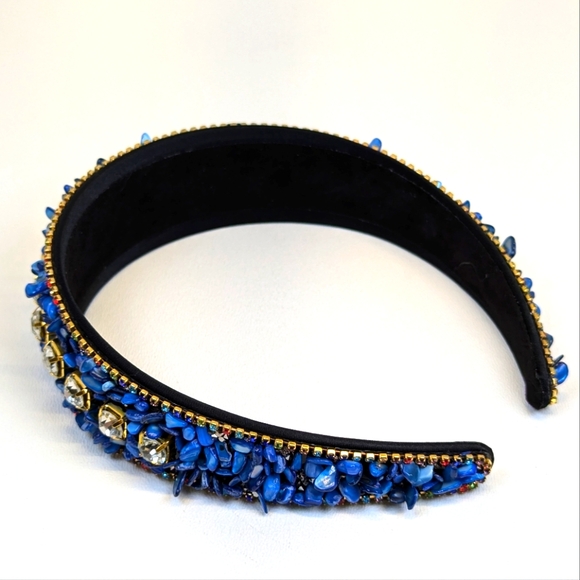 Blue Crushed Turquoise Stone & Rhinestone Embedded Headband Forsylvanas Jewelry - Picture 5 of 8